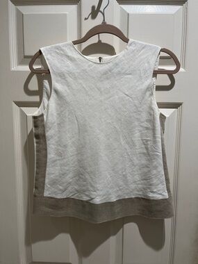 Theory Two-Tone Sleeveless Linen-Blend Top in White and Taupe
